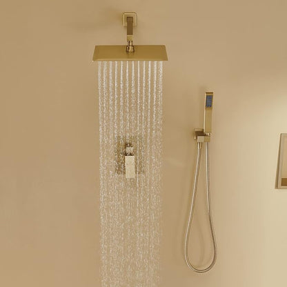 Rain Shower System 12 Inches Shower Combo Set Brushed Gold Wall Mount Faucet Bathroom Faucets with Rainfall Shower Head and Hand Shower