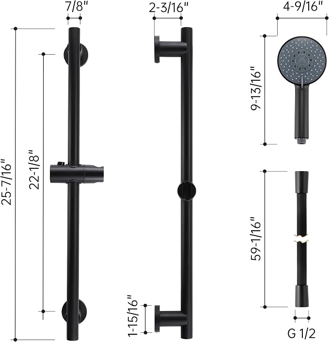 KES Adjustable Shower Head Holder with Slide Bar Combo, Handheld Shower Head with Hose 5-Function Handheld Shower Kit with Handheld Set Matte Black, F204-BK-C1