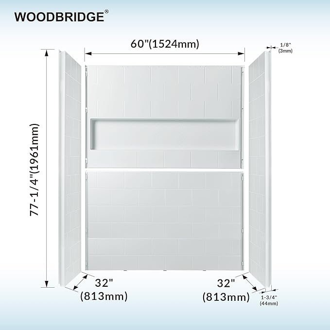 WOODBRIDGE 4-Piece Tile-style Shower Wall Panel Surround Kit, 60"W x 32"D, Staggered Brick Pattern, Easy to Install, High Gloss White Finish
