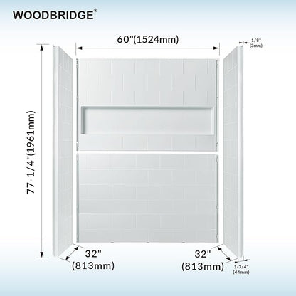 WOODBRIDGE 4-Piece Tile-style Shower Wall Panel Surround Kit, 60"W x 32"D, Staggered Brick Pattern, Easy to Install, High Gloss White Finish
