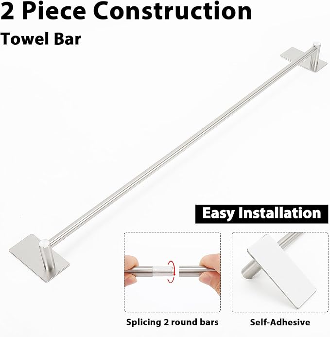 NearMoon Self Adhesive Bathroom Towel Bar- Stainless Steel Bath Wall Shelf Rack Hanging Towel Stick On Sticky Hanger Contemporary Style, NO Drilling (1 Pack, Brushed Nickel, 27-Inch Towel Rack)