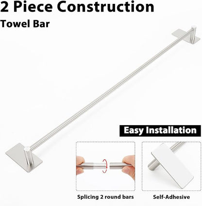 NearMoon Self Adhesive Bathroom Towel Bar- Stainless Steel Bath Wall Shelf Rack Hanging Towel Stick On Sticky Hanger Contemporary Style, NO Drilling (1 Pack, Brushed Nickel, 27-Inch Towel Rack)