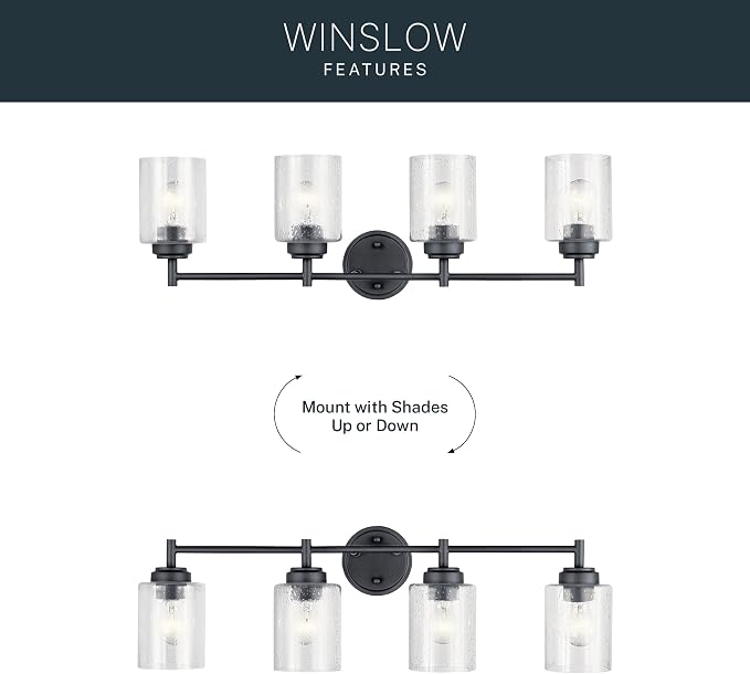 Kichler Winslow 4-Light Farmhouse Vanity Light, Black | Clear seeded glass vanity light with industrial styling (30" x 9.25" x 6.5"), 45887BK