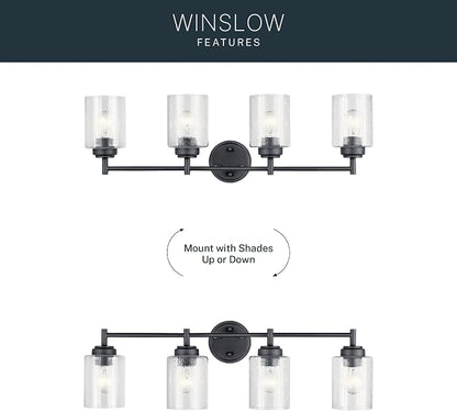 Kichler Winslow 4-Light Farmhouse Vanity Light, Black | Clear seeded glass vanity light with industrial styling (30" x 9.25" x 6.5"), 45887BK