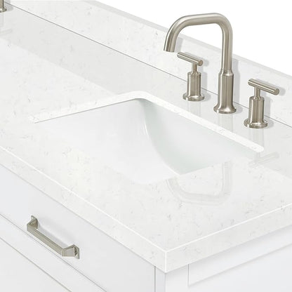 ARIEL Monroe 72-inch Bathroom Vanity with Sink,Solid Wood, 1.5-inch Carrara White Quartz Countertop & Backsplash, Double Oval Porcelain Sink, 9 Dovetail Drawers, Brushed Nickel, White