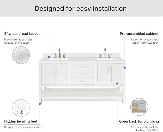 ARIEL Magnolia 72-inch Bathroom Vanity with Sink,Solid Wood, 1.5-inch Pure White Quartz Countertop & Backsplash, Double Rectangular Porcelain Sink, 4 Soft Closing Doors, 3 Dovetail Drawers, White