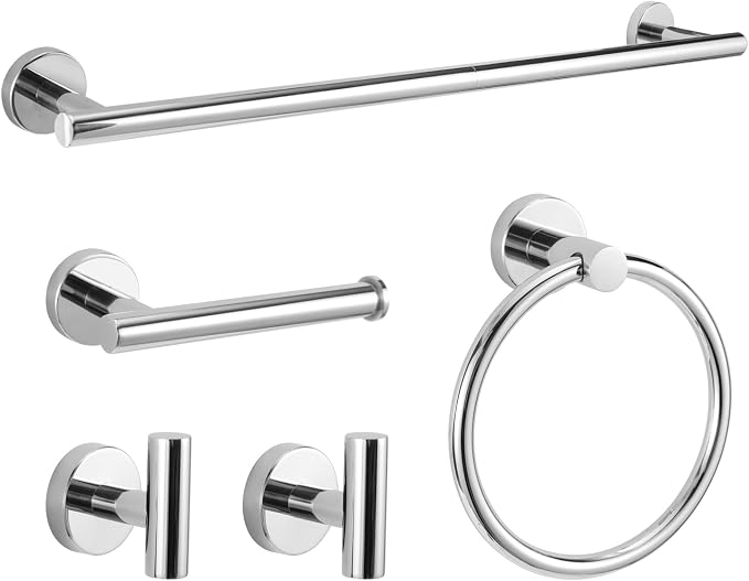 5 Piece Modern Style Wall Mounted Bathroom Hardware Set | #304 Stainless Steel, 24" Towel Bar Mount, Towel Rings, L Shape Toilet Paper Holder, Bathrobe Hook (Chrome)