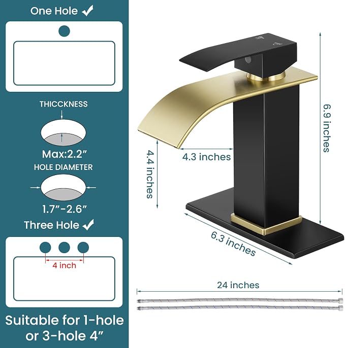 Bathroom Faucets Black and Gold Waterfall Bathroom Sink Faucet | with Pop-up Drain Supply Hoses and Deck,Single Handle Vanity Faucet,Stainless Steel,1 or 3 Hole,RV,Farmhouse Bathrooms