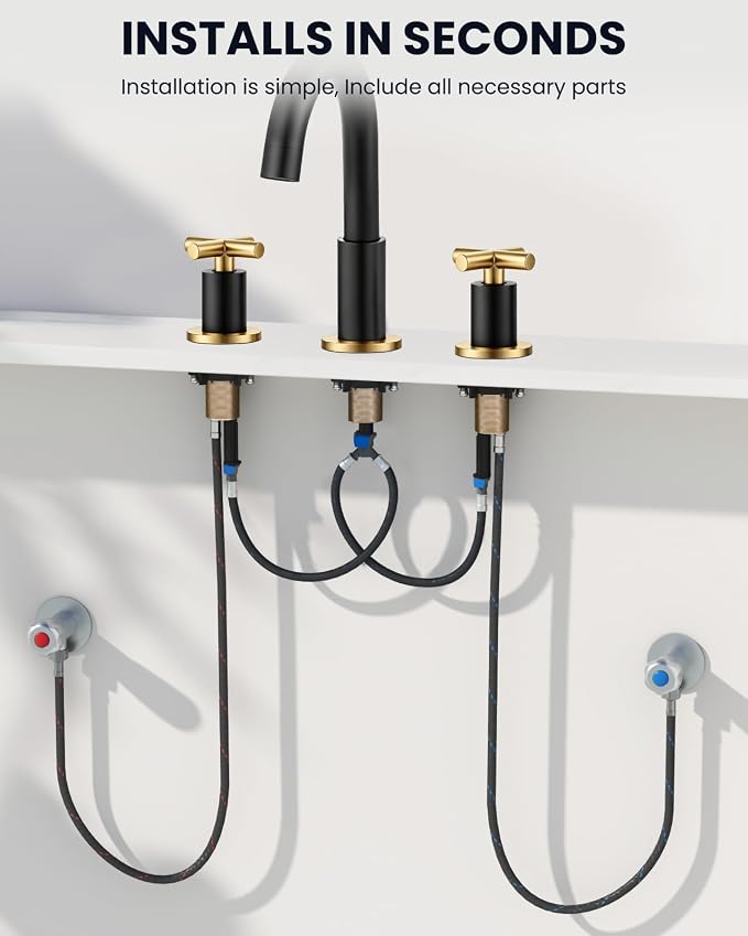 gotonovo 8’’ Widespread Bathroom Sink Faucet 3 Hole Black & Brushed Gold | Bathroom Faucet Vanity,6-16’’ Sink,Basin,RV,Lavatory,2 Cross Handle,SUS304,360° Swivel Spout,24’’ cUPC Hose,Pop Up Drain