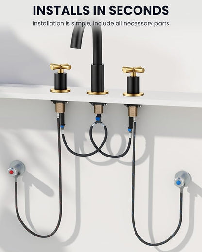 gotonovo 8’’ Widespread Bathroom Sink Faucet 3 Hole Black & Brushed Gold | Bathroom Faucet Vanity,6-16’’ Sink,Basin,RV,Lavatory,2 Cross Handle,SUS304,360° Swivel Spout,24’’ cUPC Hose,Pop Up Drain