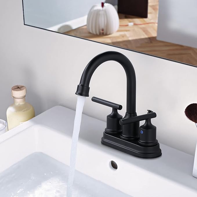 WOWOW Black Centerset Bathroom Faucet - 2 Handle 4 Inch Basin 3 Hole Modern Vanity Sink Faucet for RV With Lift Rod Drain Stopper and Supply Hoses