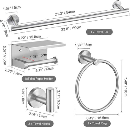 TURS Brushed Nickel 5-Piece Bathroom Hardware Set Towel Bar Set SUS304 Stainless Steel Towel Racks for Bathroom Wall Mounted, 23.6-Inch