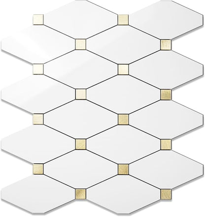 STICKGOO 1 Sheet Peel and Stick Backsplash, Glossy White PVC Mixed Metal Gold Kitchen Backsplash, Stick on Wall Tiles for Kitchen, Bathroom, RV