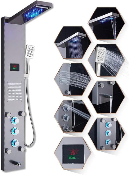 ELLO&ALLO LED Stainless Steel Bathroom Shower Panel Tower System, Rainfall Waterfall Shower Head Rain Massage System with Body Jets, Brushed Nickel
