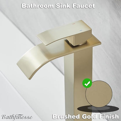 Vessel Sink Faucet Brushed Gold Waterfall Bathroom Faucet with Pop Up Drain | Stainless Steel,Single Handle One Hole Deck Mount,Bowl Vanity Sink Faucet,with 3/8" Supply Hose,Lead-Free by Bathfinesse