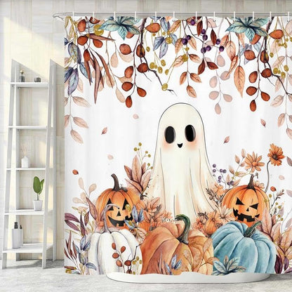 Fall Funny Ghost Shower Curtain, Halloween Pumpkins Harvest Autumn Leaves Decor Bath Curtain, Maple Leaves Spooky Bathroom Accessories Set with Hooks, 72X84in