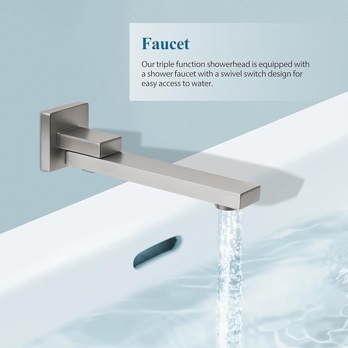 Brushed Nickel Square Rainfall Shower Head Set with Handheld & Faucet, 10" | Wall Mounted Bathroom Shower Faucet, 10 Inch Square Head, With Shower Valve, Rustproof Brushed Nickel, High Pressure Raindrop