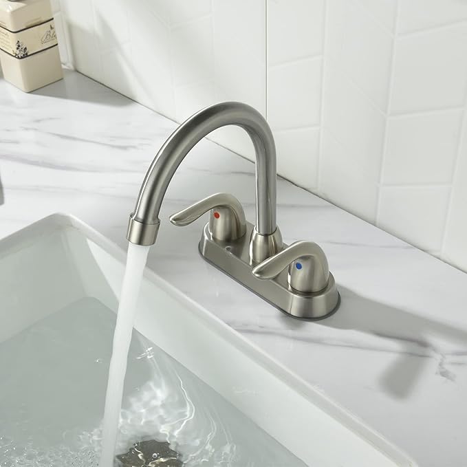 Bathroom Sink Faucets, 4 Inch, 2 Handle Centerset, Pop-up Drain Stopper, Supply Hoses (4-inch Centerset Faucet, Brushed Nickel)