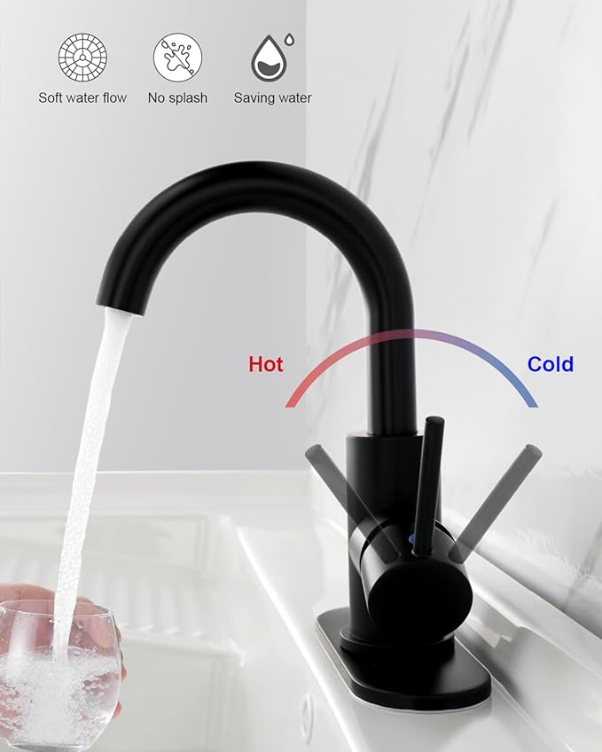 RKF Single-Handle Bathroom Sink Faucet, Swivel Spout, with Pop-up Drain with Overflow and Supply Hose,Bar Sink Faucet,Small Kitchen Faucet Tap,Matte Black,BF3501P-MB