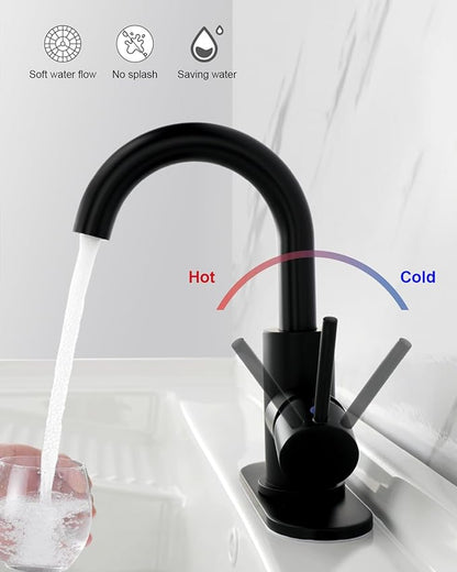 RKF Single-Handle Bathroom Sink Faucet, Swivel Spout, with Pop-up Drain with Overflow and Supply Hose,Bar Sink Faucet,Small Kitchen Faucet Tap,Matte Black,BF3501P-MB