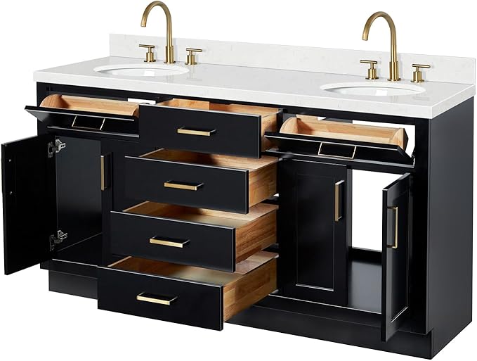 ARIEL Hepburn 66-inch Bathroom Vanity with Sink,Solid Wood, 1.5-inch Carrara White Quartz Countertop & Backsplash, Double Oval Porcelain Sink, 4 Soft Closing Doors, 6 Dovetail Drawers, Black