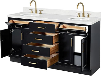 ARIEL Hepburn 66-inch Bathroom Vanity with Sink,Solid Wood, 1.5-inch Carrara White Quartz Countertop & Backsplash, Double Oval Porcelain Sink, 4 Soft Closing Doors, 6 Dovetail Drawers, Black