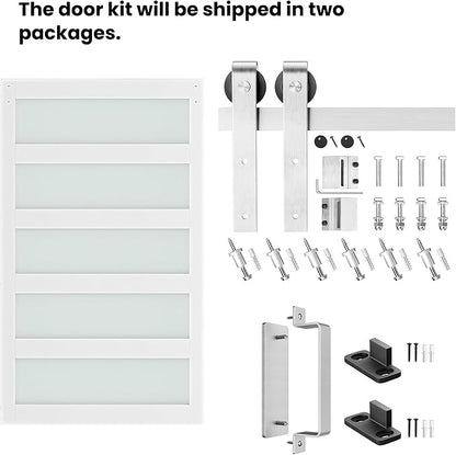 48'' x 84'' Glass Barn Door and 8FT Brushed Nickel Hardware Kit | MDF White Barn Door Slab with Frosted Glass, PVC Surface, Combined with Handle and Floor Guide-Assembly Required