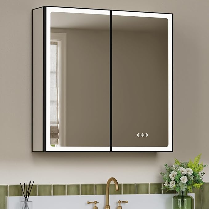 32x32 Inch Led Lighted Medicine Cabinet with Mirror, Recessed or Surface Mount Bathroom Medicine Cabinet, Anti-Fog, Adjustable Shelf, Dimmable Light, Outlets & USB, ETL Listed, Black
