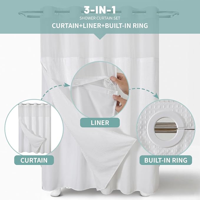 eachope No Hook Long Waffle Shower Curtain, Snap-in Liner, 71x86 in, White | 230 GSM waffle weave fabric, waterproof liner set with 2 bottom magnets, mesh top window, washable, for bathroom or hotel use