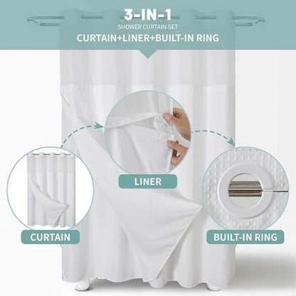 No Hook Long Waffle Shower Curtain with Snap-in Liner,71x92 in, White | 230 GSM waffle weave fabric, waterproof liner set with 2 bottom magnets, mesh top window, washable, for bathroom or hotel use