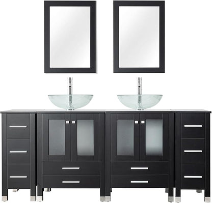 LUCKWIND 72" Double 24-in Bathroom Vanity with Sink Combo, Elegant Series with Two 12.6-in Side Cabinets, Painted Frame, Including Transparent Round Sinks, Faucets Without Mirrors, Black