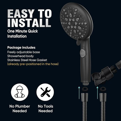 Cobbe 9 Spray Modes Handheld Shower Head, Water-Saving, Matte Black | Power Rinse, 1-Click Pause & Flow Control, 6ft Stainless Steel Hose, Adjustable Brass Bracket