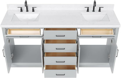 DKB Isabella 72 Inch Bathroom Vanity Double Sink — Grey Bathroom Vanity with Sink, 1.5" Edge Carrara White Quartz Countertop & Backsplash, 4 Soft-Close Doors, 4 Dovetail Drawers, and 2 Tilt Drawers
