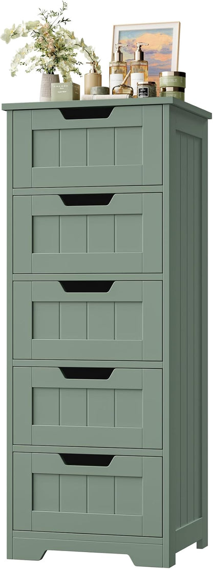 FOTOSOK Bathroom Cabinet, Bathroom Storage Cabinet with 5 Drawers, Green | Narrow Bathroom Storage with Cut-Out Handles, 11.8” x 15.7” x 40.1”, Slim & Small Floor Cabinet for Laundry/Hallway