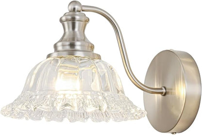 Vintage Wall Sconce Light, Brushed Nickel Bathroom Sconces Wall Lighting, Antique Wall Light Fixture with Clear Flower Glass Shades, Indoor Wall Sconces for Living Room Bedroom, 1-Light Wall Lamp