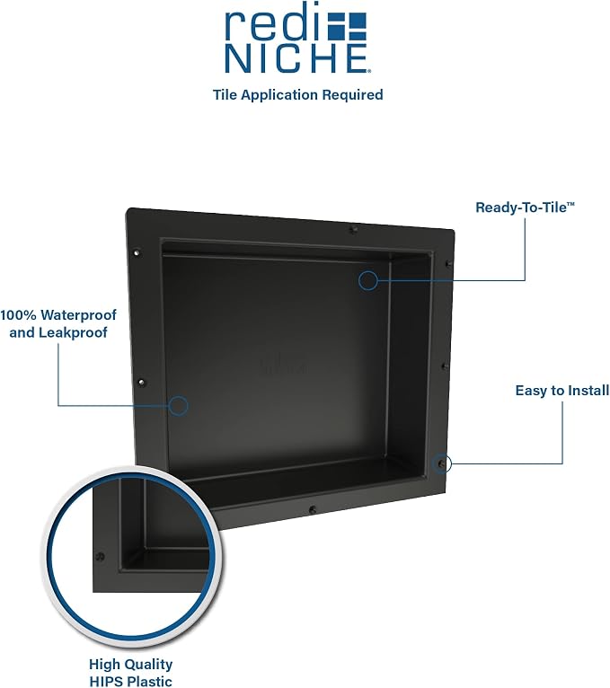 Tile Redi USA Niche Single Recessed Shower Shelf – Black, One Inner Shelf, 16-Inch Width x 14-Inch Height x 4-Inch Depth