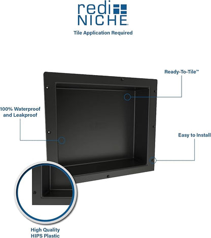 Tile Redi USA Niche Single Recessed Shower Shelf – Black, One Inner Shelf, 16-Inch Width x 14-Inch Height x 4-Inch Depth