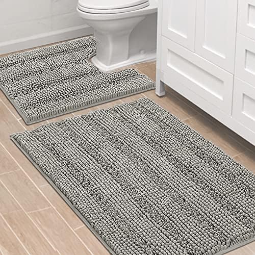 H.VERSAILTEX Bathroom Rugs Bath Rug Set 2 Piece Bathroom Contour Rug Toilet Mat Sets Non Slip Contour Bath Rug Ultra Thick Water Absorbent Striped Bath Mats Washable(36" x 24" Plus 20" x 24" U, Dove)