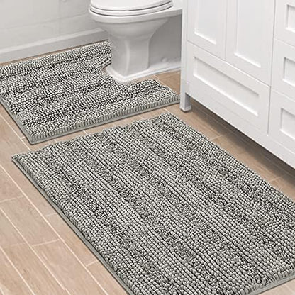 H.VERSAILTEX Bathroom Rugs Bath Rug Set 2 Piece Bathroom Contour Rug Toilet Mat Sets Non Slip Contour Bath Rug Ultra Thick Water Absorbent Striped Bath Mats Washable(36" x 24" Plus 20" x 24" U, Dove)