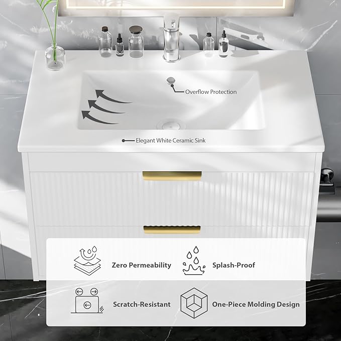 30" Bathroom Vanity Cabinet with Ceramic Sink, Wall-Mounted Floating Vanity, Integrated Sink, 2 Large Storage Drawers, with Sensor LED Light, Metal Handles, for Small Bathroom, Home, Spa, Hotel, White