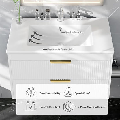 30" Bathroom Vanity Cabinet with Ceramic Sink, Wall-Mounted Floating Vanity, Integrated Sink, 2 Large Storage Drawers, with Sensor LED Light, Metal Handles, for Small Bathroom, Home, Spa, Hotel, White
