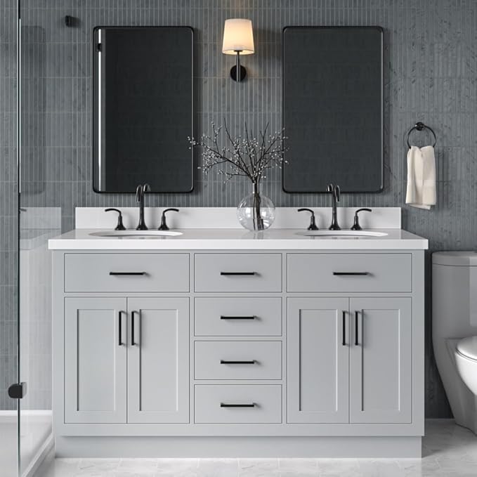 ARIEL Hepburn 60-inch Bathroom Vanity with Sink,Solid Wood, 1.5-inch Pure White Quartz Countertop & Backsplash, Double Oval Porcelain Sink, 4 Soft Closing Doors, 6 Dovetail Drawers, Grey