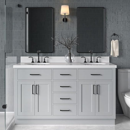 ARIEL Hepburn 60-inch Bathroom Vanity with Sink,Solid Wood, 1.5-inch Pure White Quartz Countertop & Backsplash, Double Oval Porcelain Sink, 4 Soft Closing Doors, 6 Dovetail Drawers, Grey