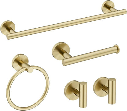Gold Bathroom Accessories 5 Piece, 24 Inch Bath Hardware | Wall Mounted Brushed Gold Towel Rack, Durable SUS304 Stainless Steel Towel Bar Set