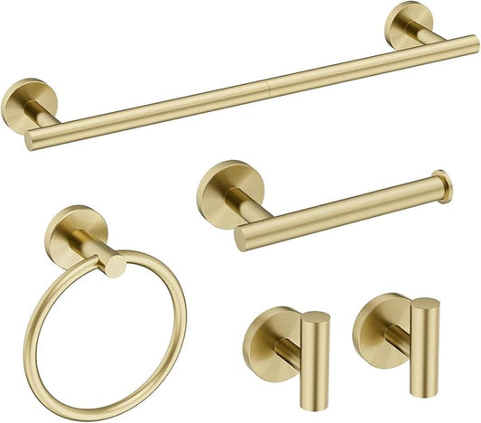 Gold Bathroom Accessories 5 Piece, 24 Inch Bath Hardware | Wall Mounted Brushed Gold Towel Rack, Durable SUS304 Stainless Steel Towel Bar Set