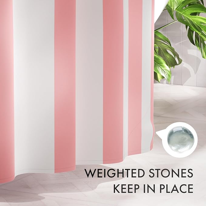 AmazerBath Pink Vertical Stripes Shower Curtain, Cute Pink Stripe Bathroom Shower Curtain with 12 Shower Curtain Hooks, Rustic Fabric Pink and White, 72x72 Inches