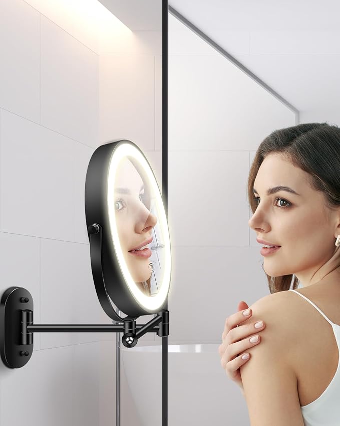 20X 9" Wall Mounted Magnifying Makeup Mirror with Light Height Adjustable | 5000mAh Double Sided Rechargeable LED Lighted Vanity Mirror with Magnification 3 Color Light up Extended Arm 360 Rotation