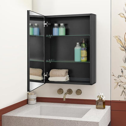 Fundin Medicine Cabinet 20 x 26 inches Mirror Size, Recessed or Surface Mount, Black Aluminum Bathroom Wall Cabinet with Mirror and Adjustable Shelves.