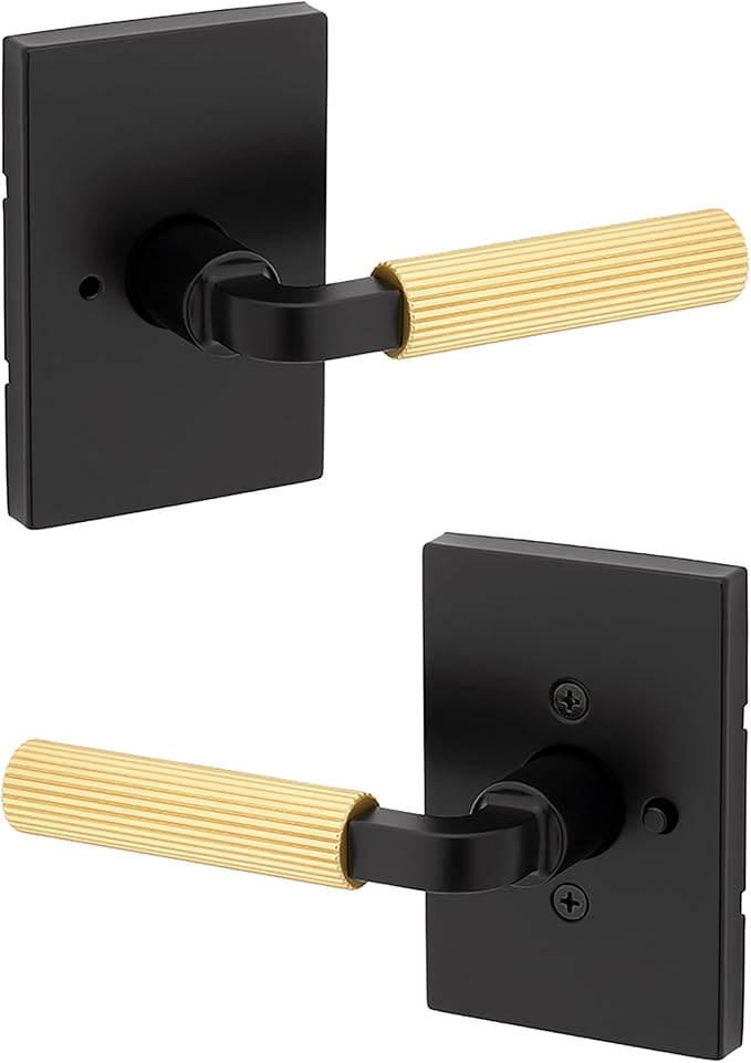 Kwikset Mirada Reeded Interior Privacy Door Handle with Lock, Handle for Bathroom and Bedroom, Matte Black Satin Brass, Reversible Keyless Push Button Lock, with Microban Protection