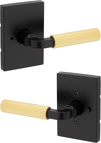 Kwikset Mirada Reeded Interior Privacy Door Handle with Lock, Handle for Bathroom and Bedroom, Matte Black Satin Brass, Reversible Keyless Push Button Lock, with Microban Protection